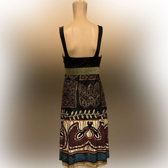 Purple Rain Strap black batik themed dress Sz M gold band - Picture 5 of 8